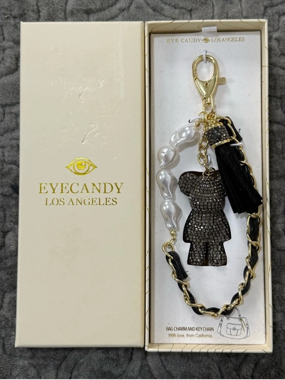 Eye Candy Black rhinestone bag charm key chain with faux pearls and gold chain